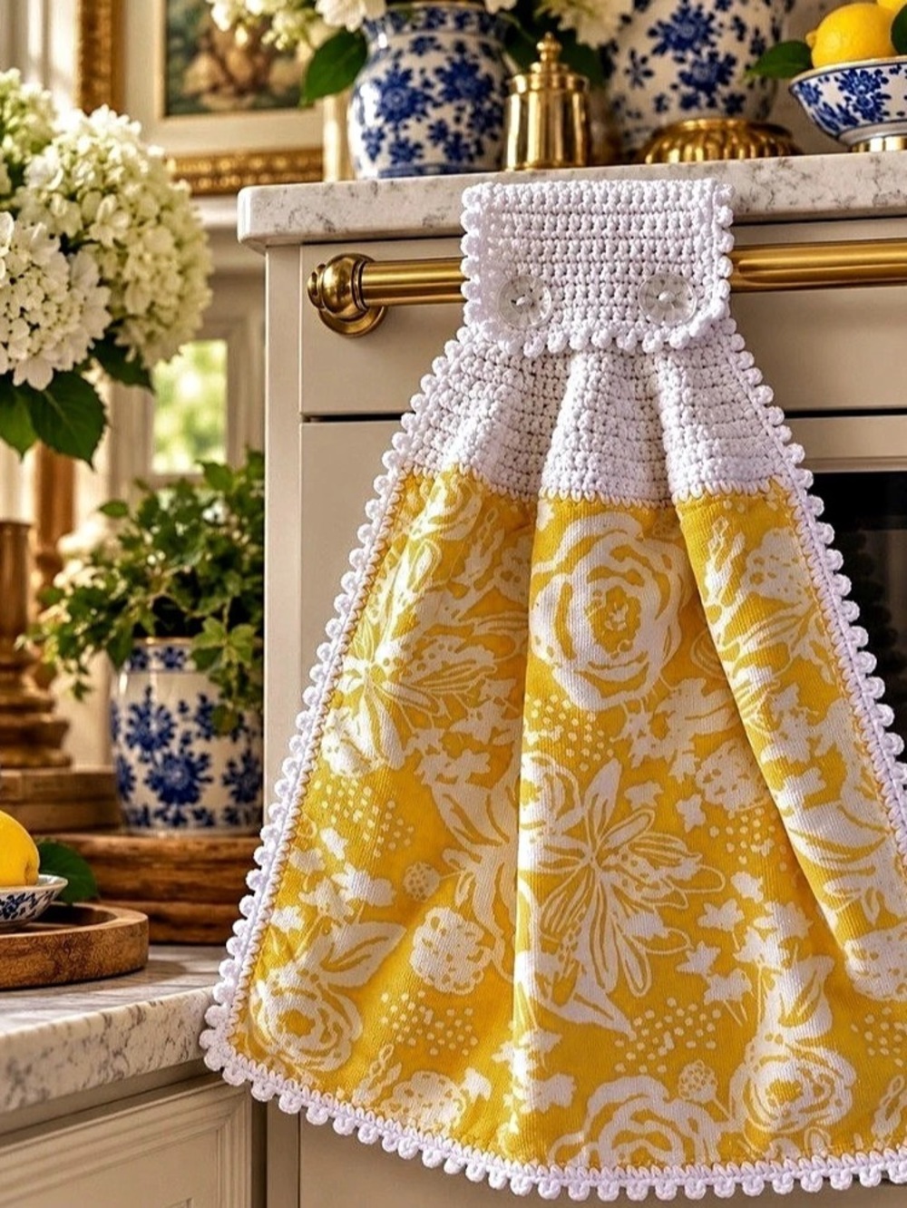 Artisan Handmade Crochet Hanging Kitchen Towel Yellow Floral White Ruffled
